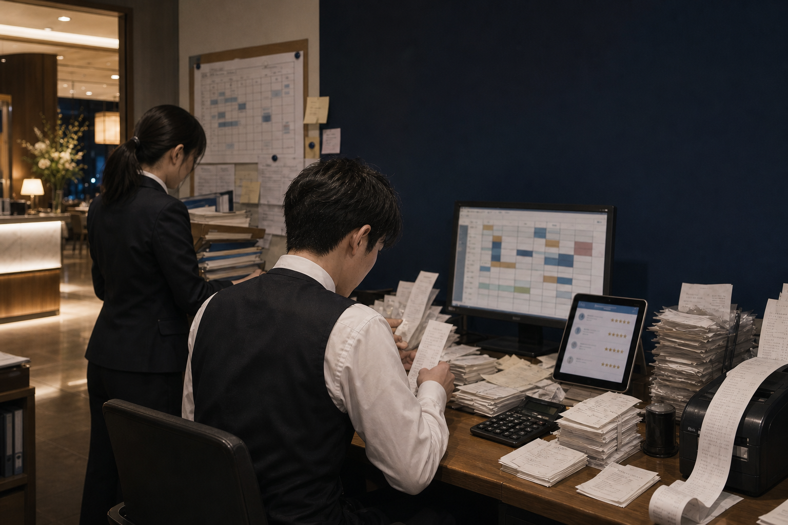 閉店後にレジや書類を前にしてパソコン仕事を続ける様子